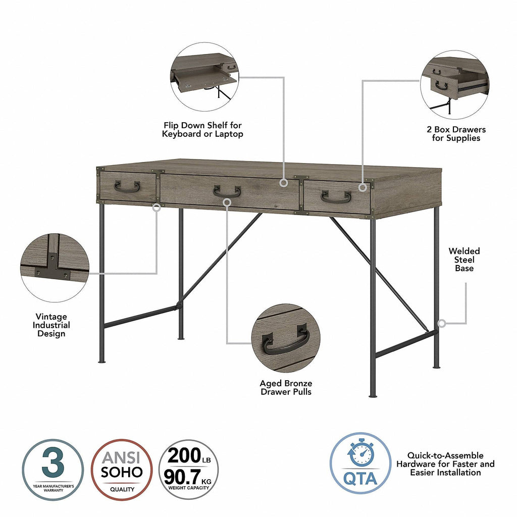 48W Writing Desk with Drawers and 5 Shelf Etagere Bookcase, Restored Gray W608