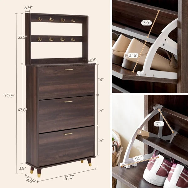 Brown Wardrobe Armoire Closet with 12 Hooks & 3 Shoe Cabinets U97455