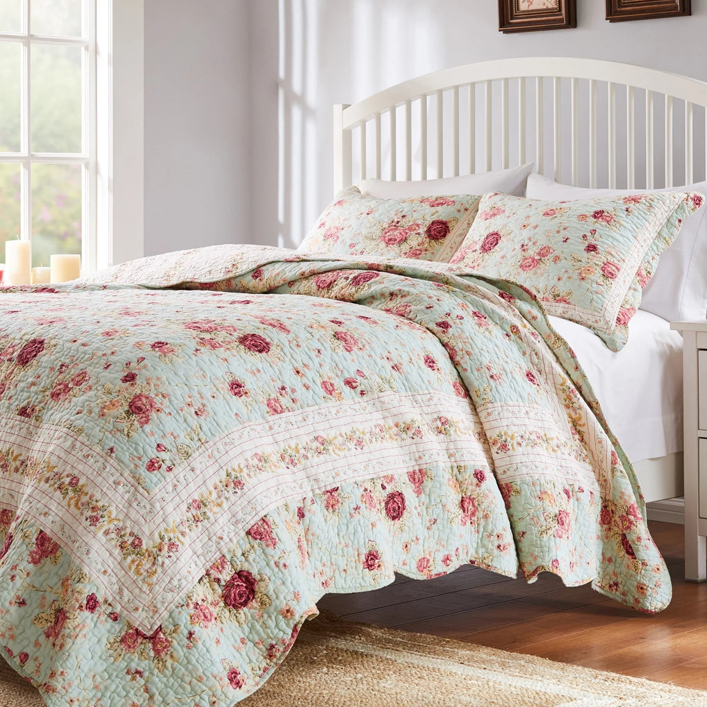 Blue Oversized Queen 3 Piece Cotton Quilt Set A834