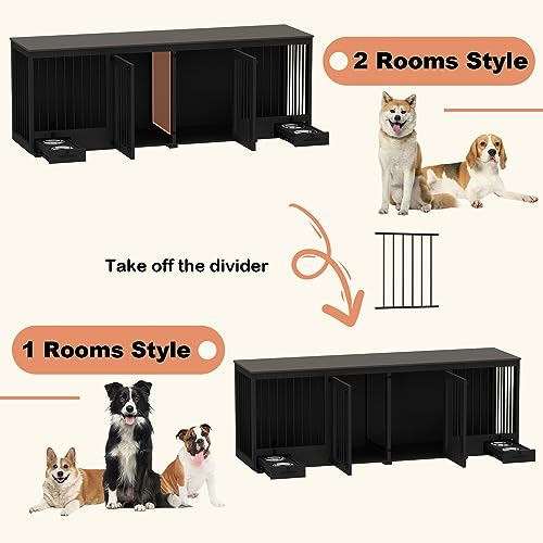 Black Heavy Duty Wooden Dog Crate with Dog Bowl Drawers & Divider O46596