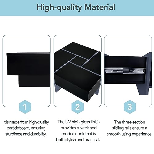 Black Square Coffee Table with 4 Hidden Storage Compartments and Extendable Sliding Tabletop F771
