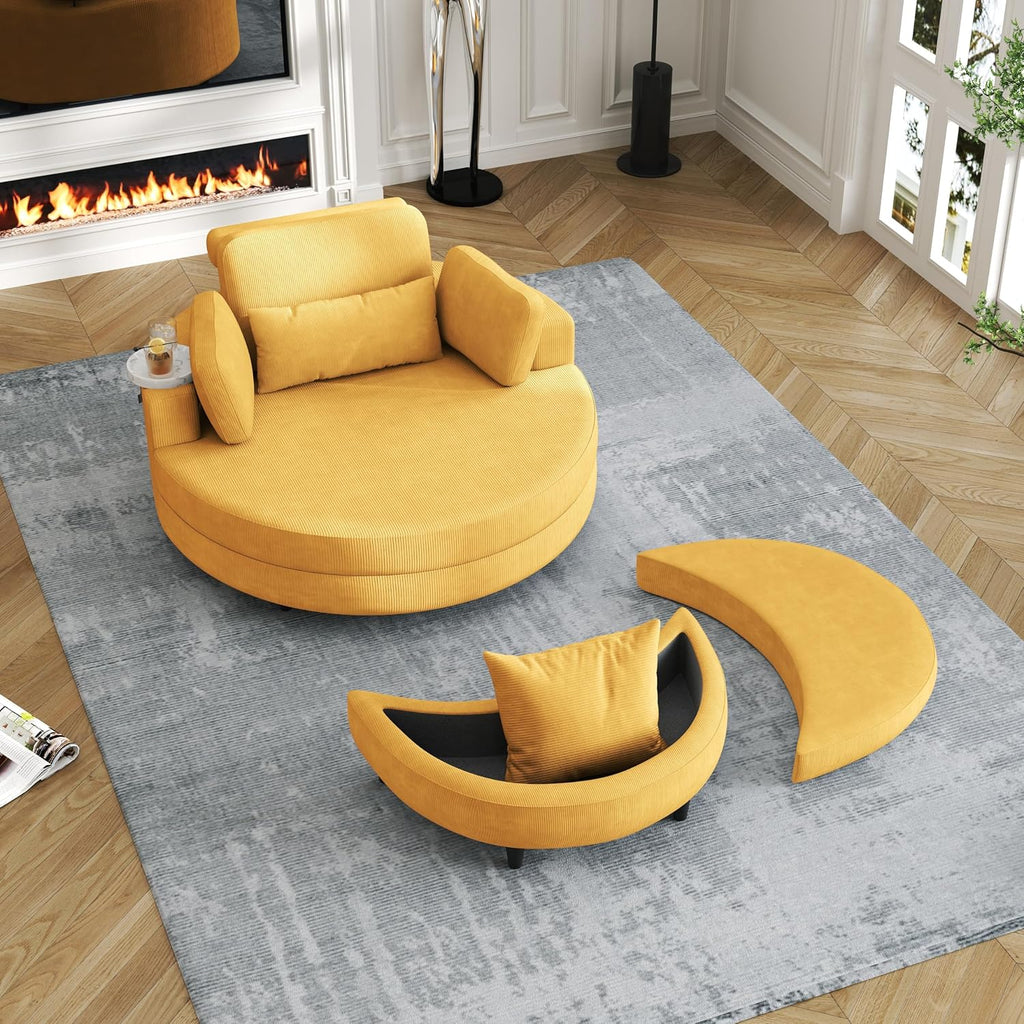 Oversized Corduroy Barrel Armchair with Adjustable Headrest, 4 Pillows, Storage Ottoman & Removable Tray G419
