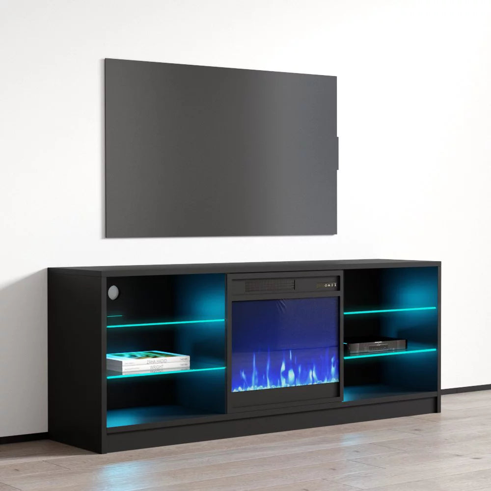 High Gloss Fireplace TV Stand with Storage Cabinets and LED Lights W11031
