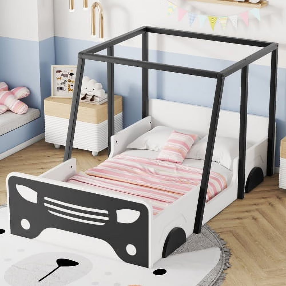Twin Size Solid Wood Car Bed Frame with Wheels and Door A342481