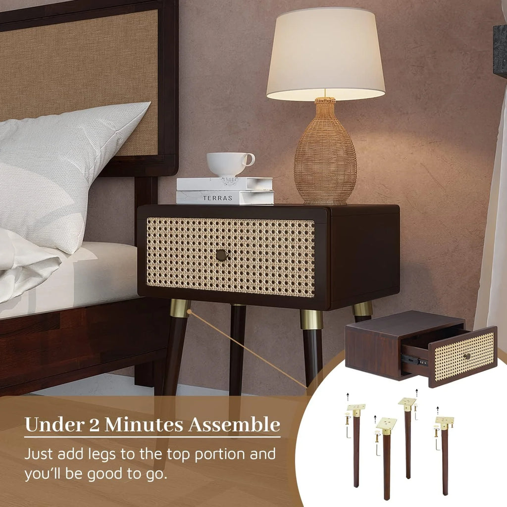 Rattan Solid Wood Nightstand with Storage Drawer G282440