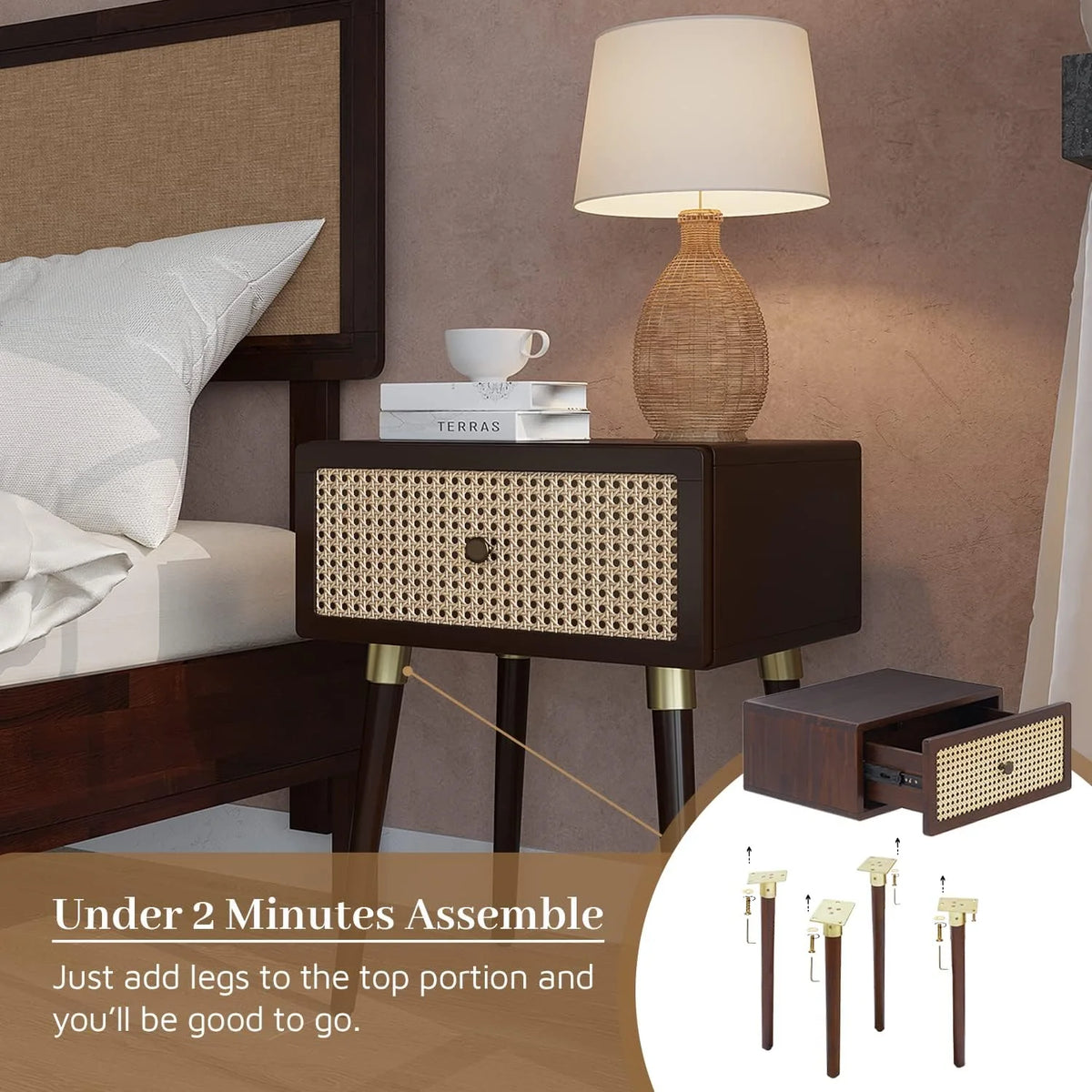 Rattan Solid Wood Nightstand with Storage Drawer G282440