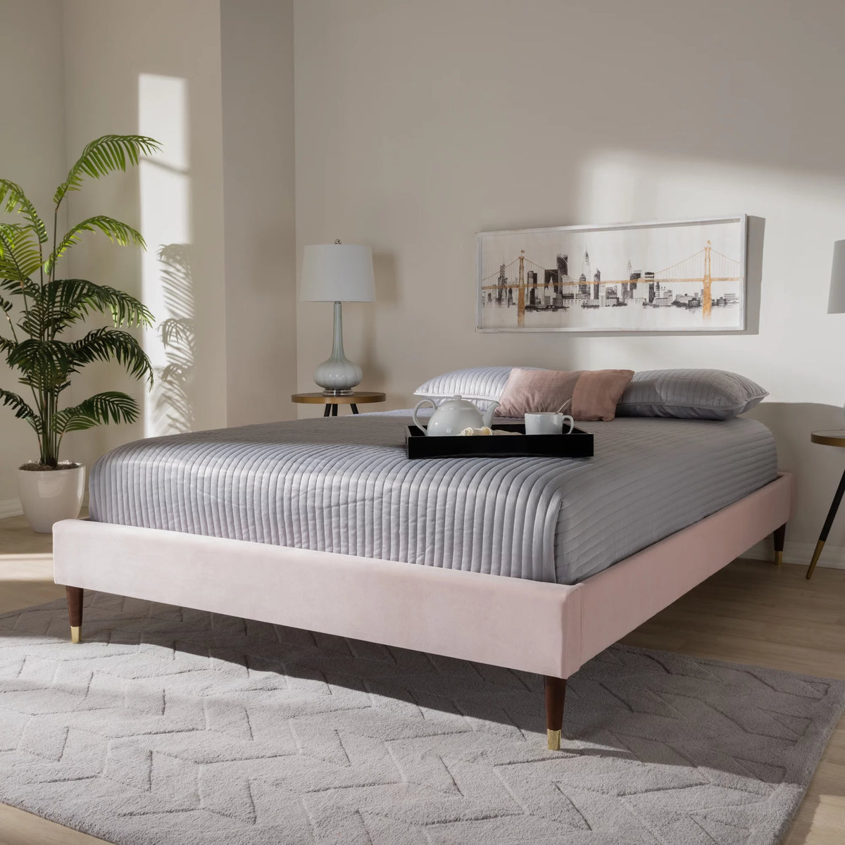 Pink Velvet Upholstered Wood Platform King Bed Y148