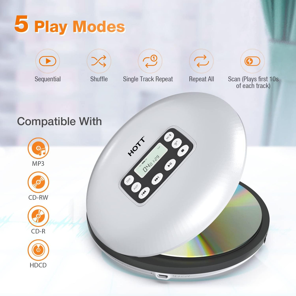 Silver Rechargeable Portable CD Player with Bluetooth U34062