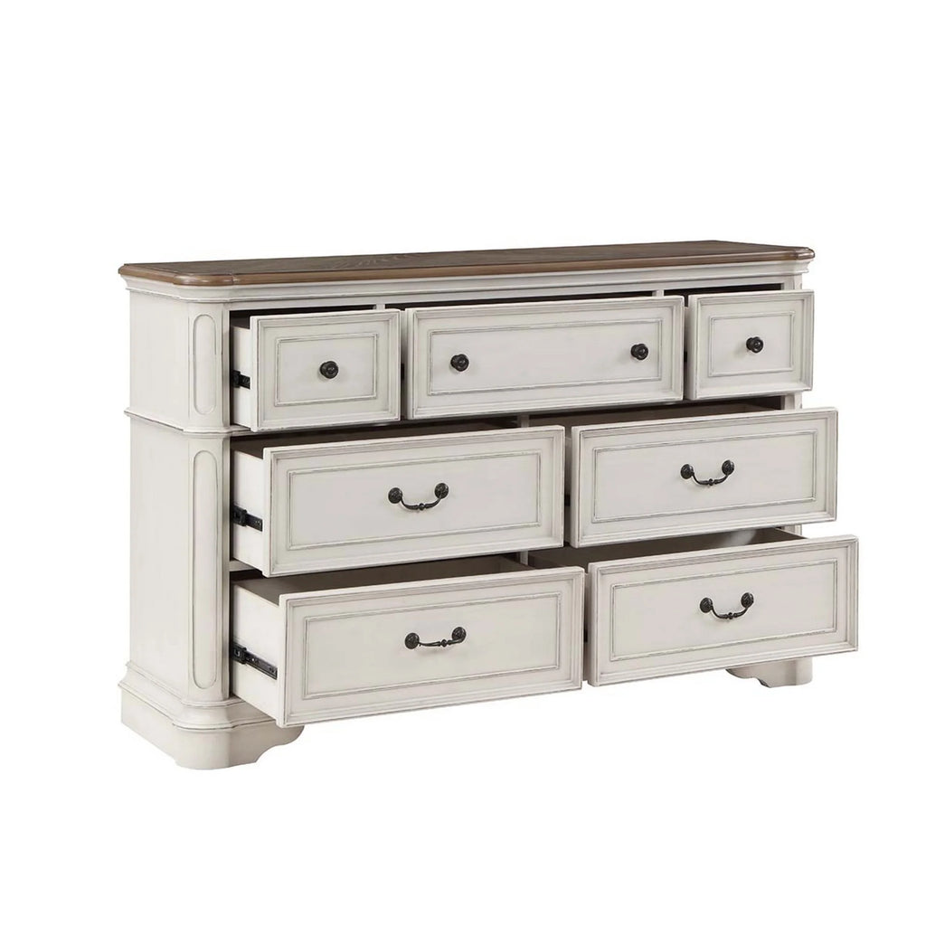 Antique White & Brown Wood Dresser with 7 Drawers V7899