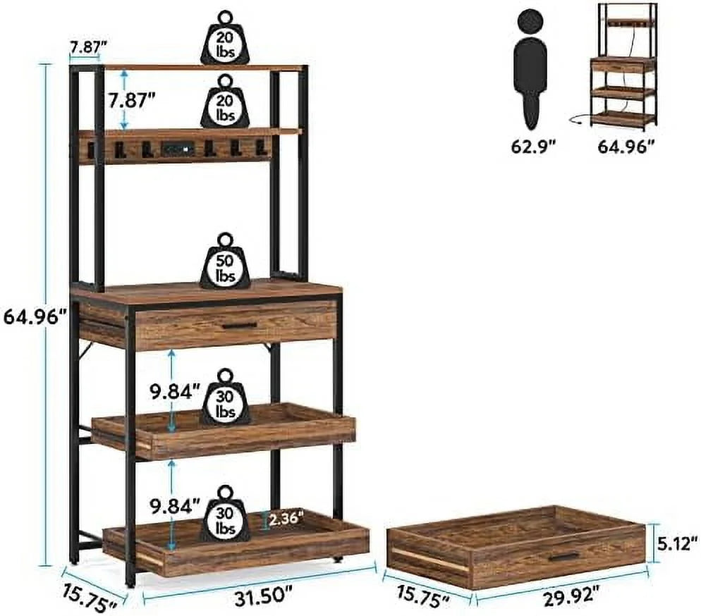 Rustic Brown 5-Tier Kitchen Bakers Rack with Power Outlets E87119