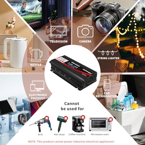 1000 Watt Car Power Inverter 12V to 110V/120V AC with LCD Display Dual AC Outlets Dual USB Black P6813