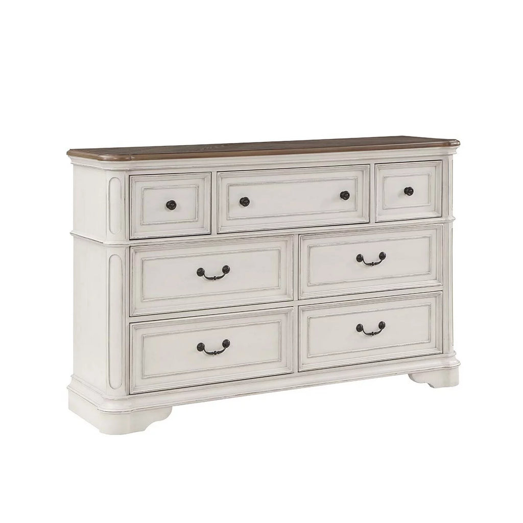 Antique White & Brown Wood Dresser with 7 Drawers V7899