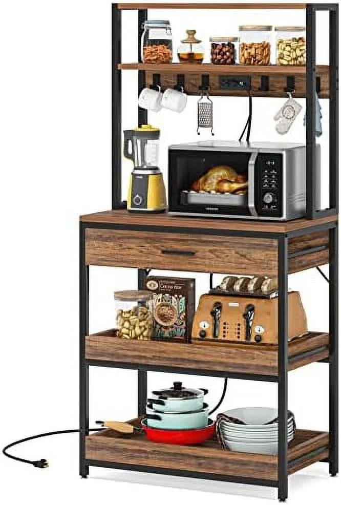 Rustic Brown 5-Tier Kitchen Bakers Rack with Power Outlets E87119