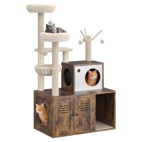 Rustic Brown Wooden Cat Furniture with Cat Tree Tower and Condo O48403