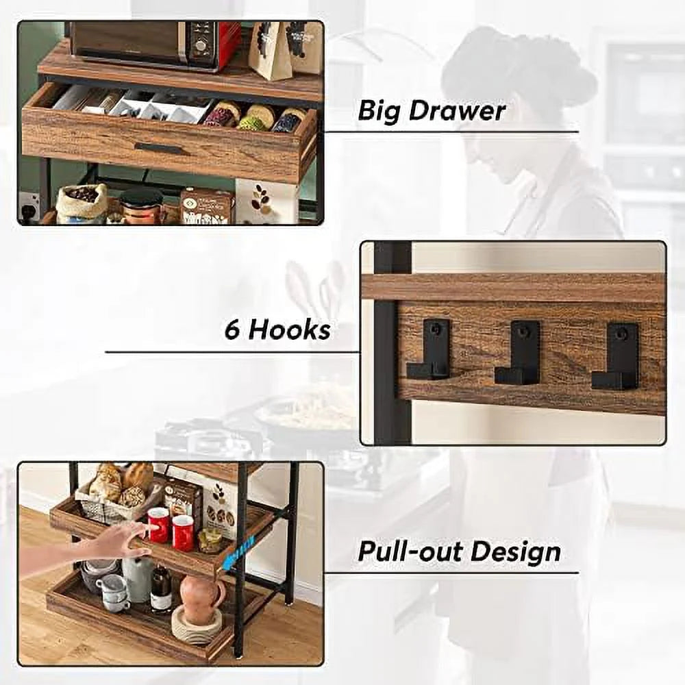 Rustic Brown 5-Tier Kitchen Bakers Rack with Power Outlets E87119