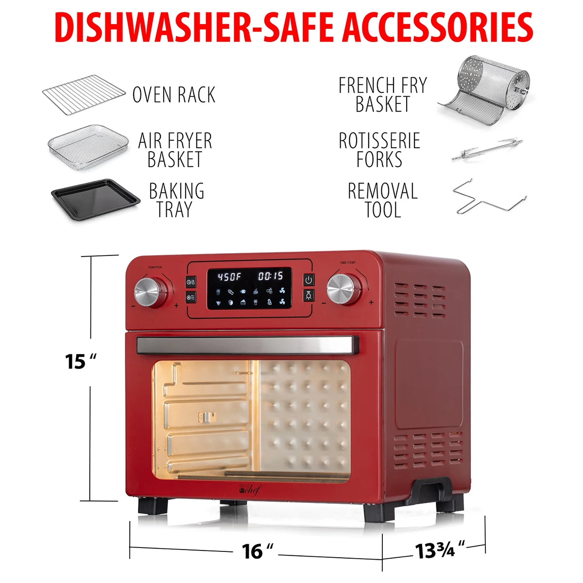 Red Stainless Steel Countertop Toaster Oven with Air Fryer and Rotisserie Assembly I588090