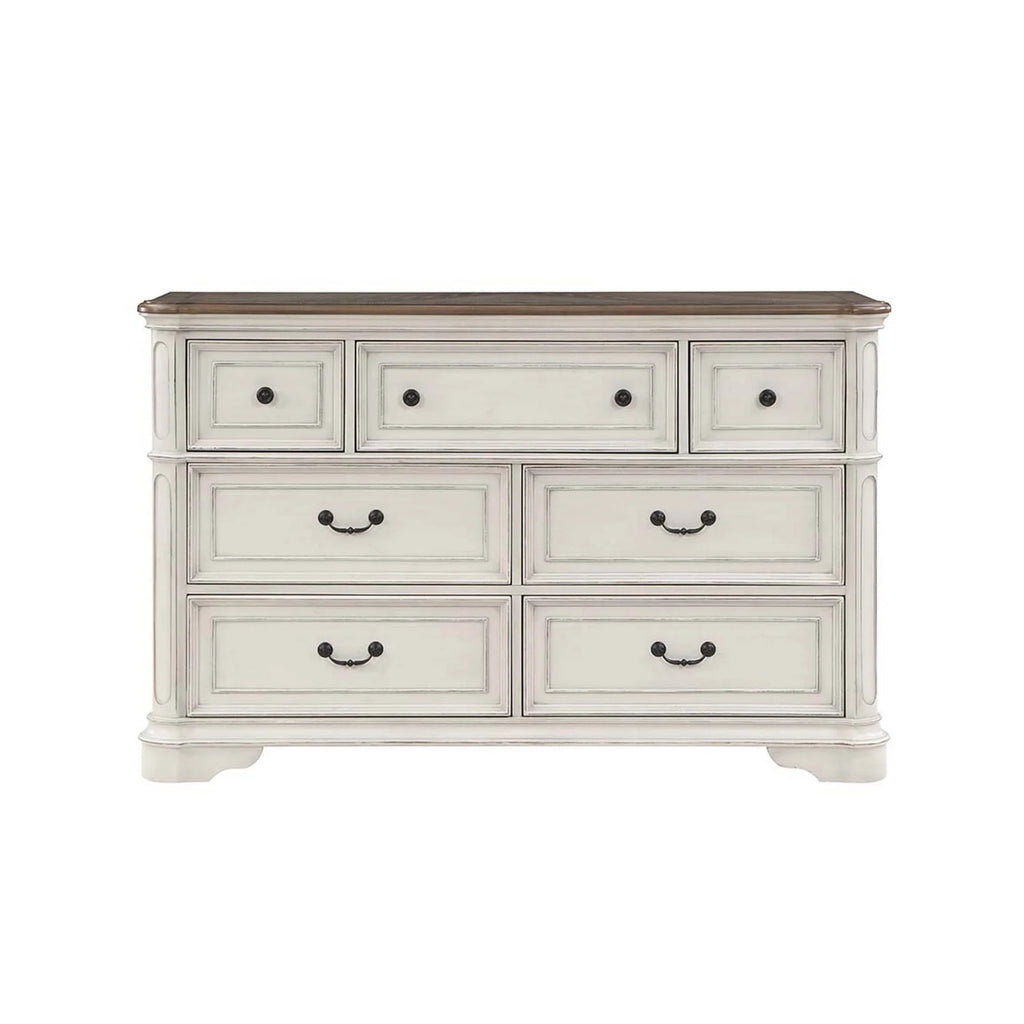 Antique White & Brown Wood Dresser with 7 Drawers V7899