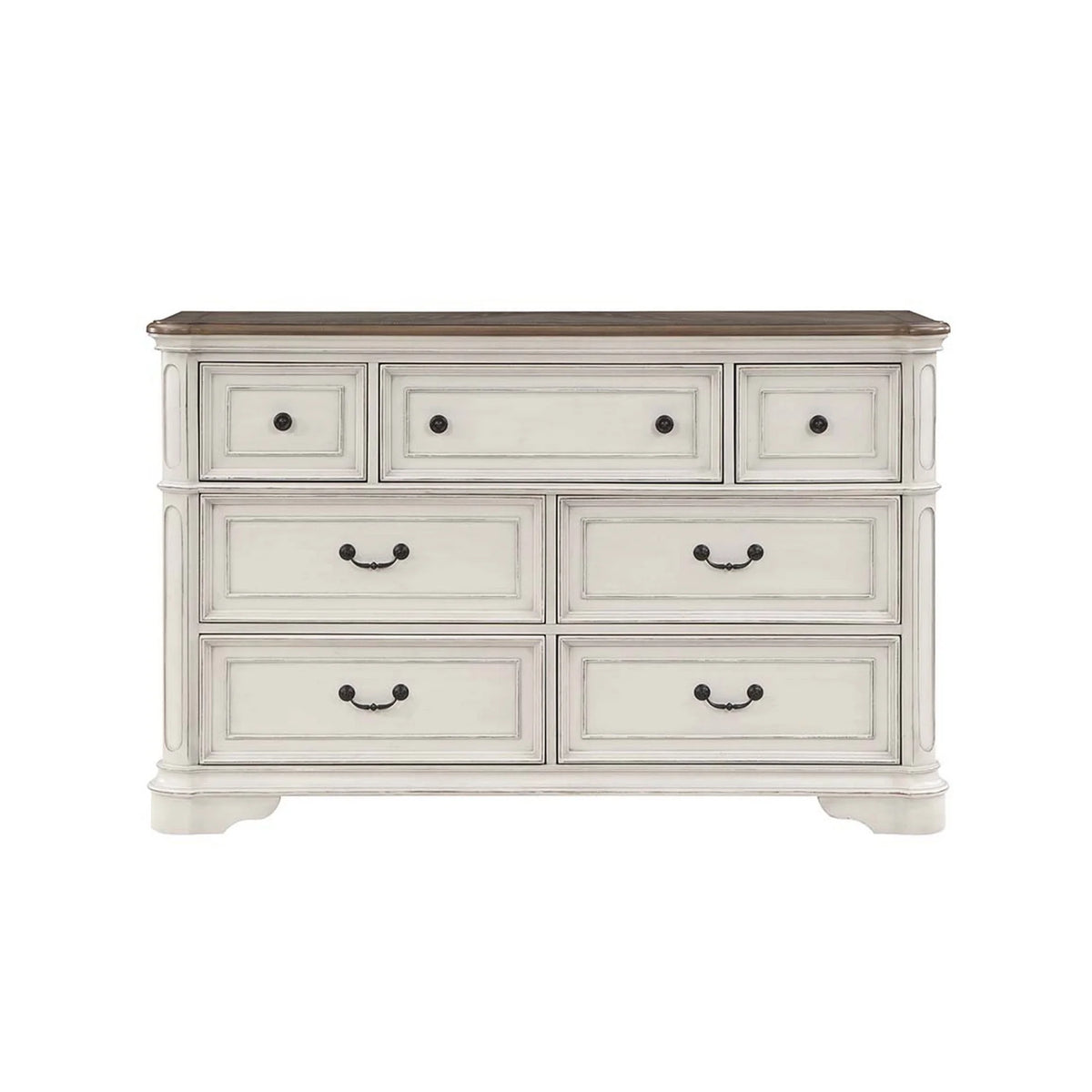Antique White & Brown Wood Dresser with 7 Drawers V7899