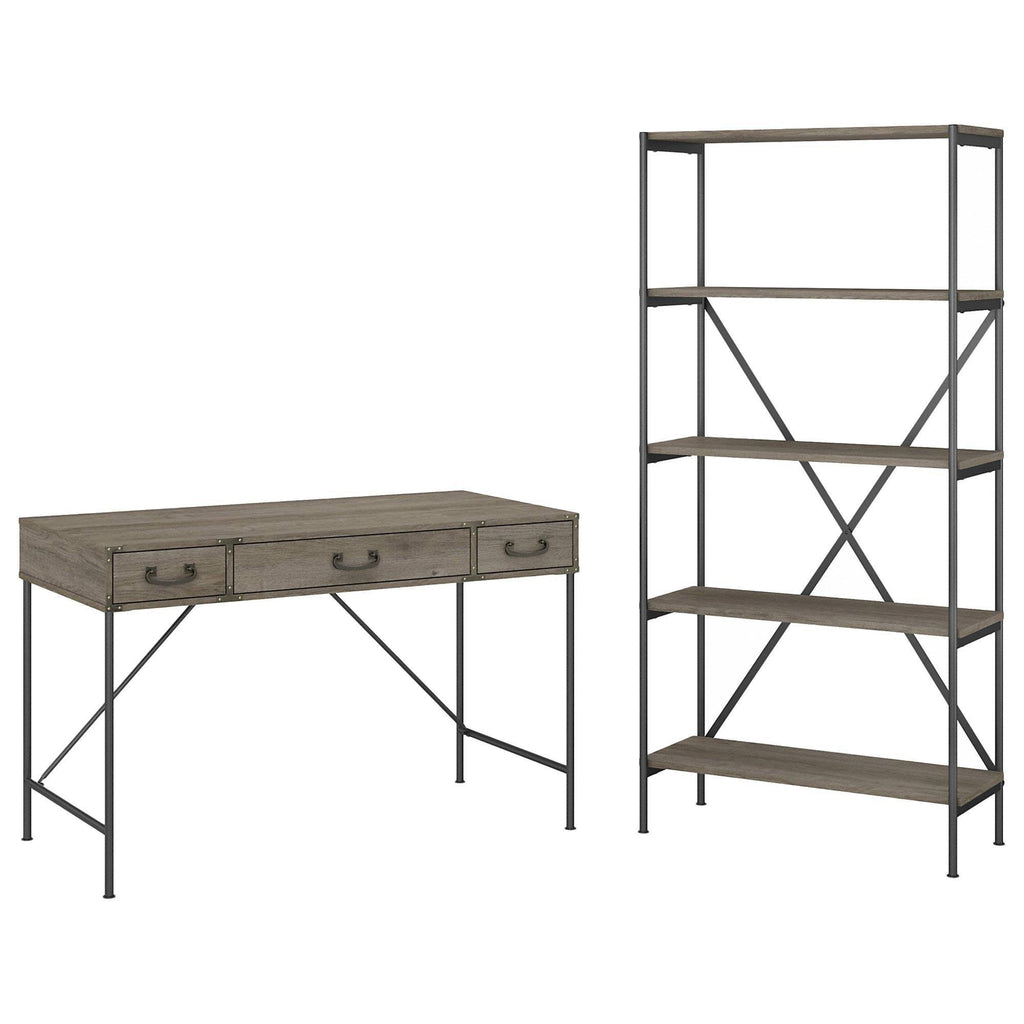48W Writing Desk with Drawers and 5 Shelf Etagere Bookcase, Restored Gray W608