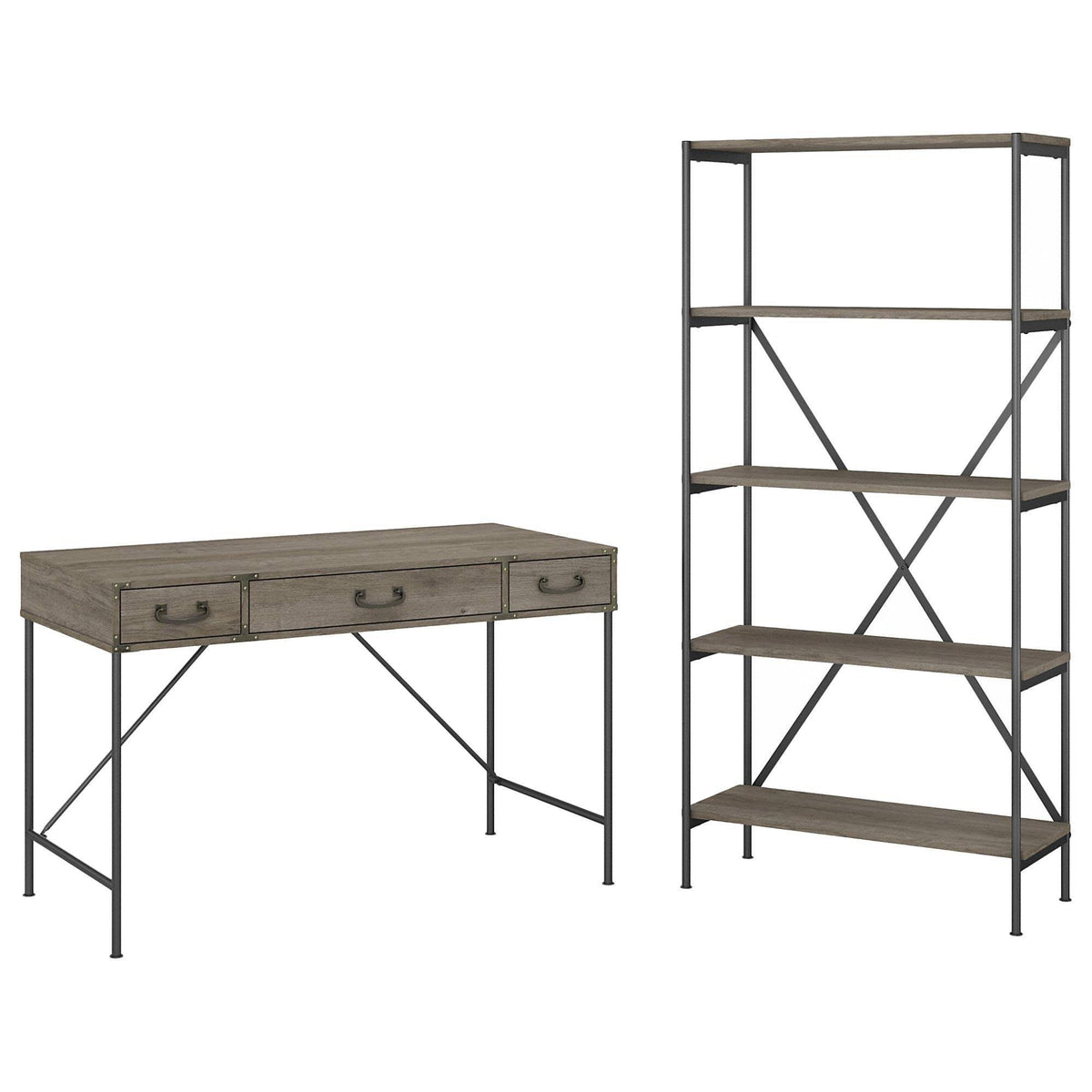 48W Writing Desk with Drawers and 5 Shelf Etagere Bookcase, Restored Gray W608
