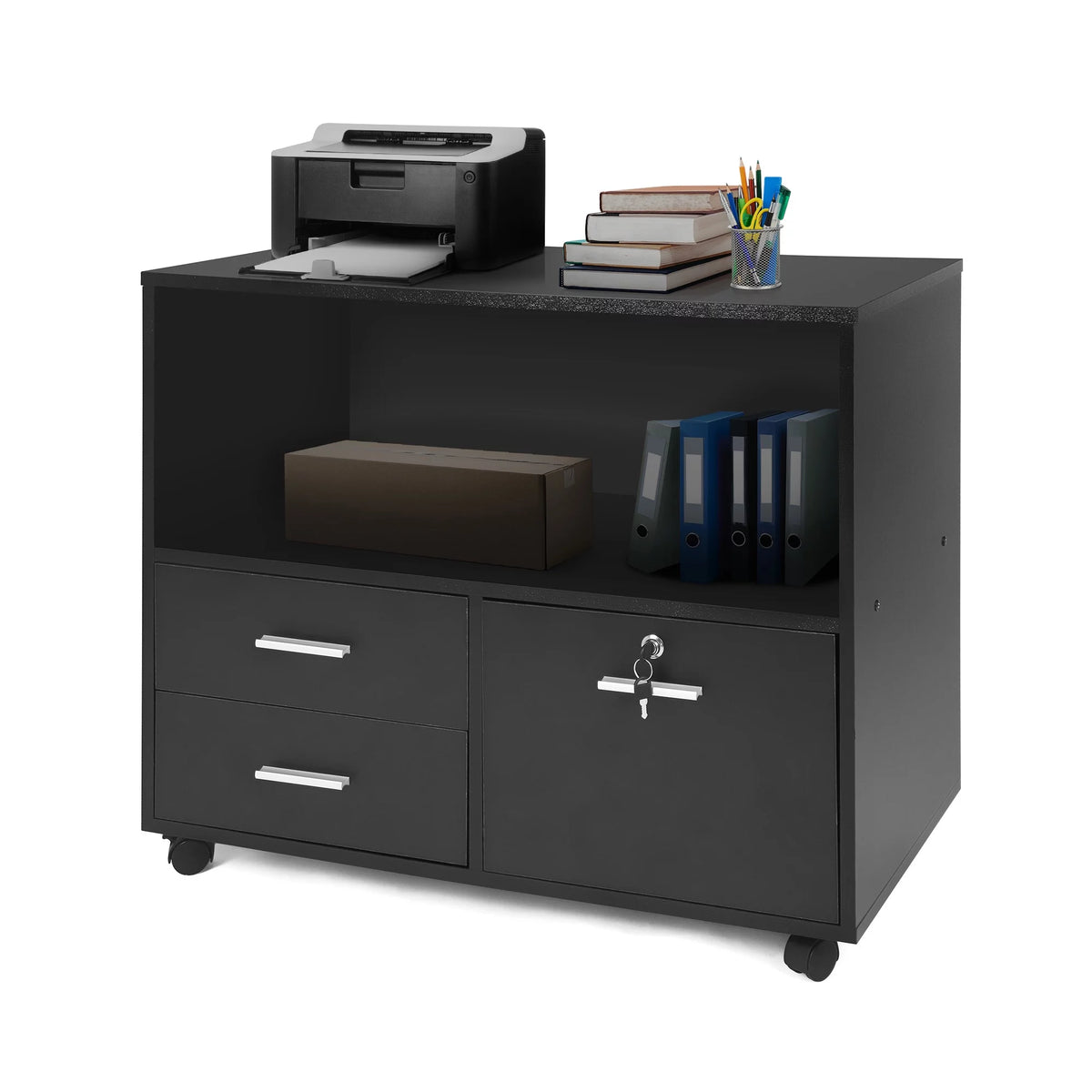 Black Wood 3 Drawer Mobile Lateral Filing Cabinet with Lock Y342
