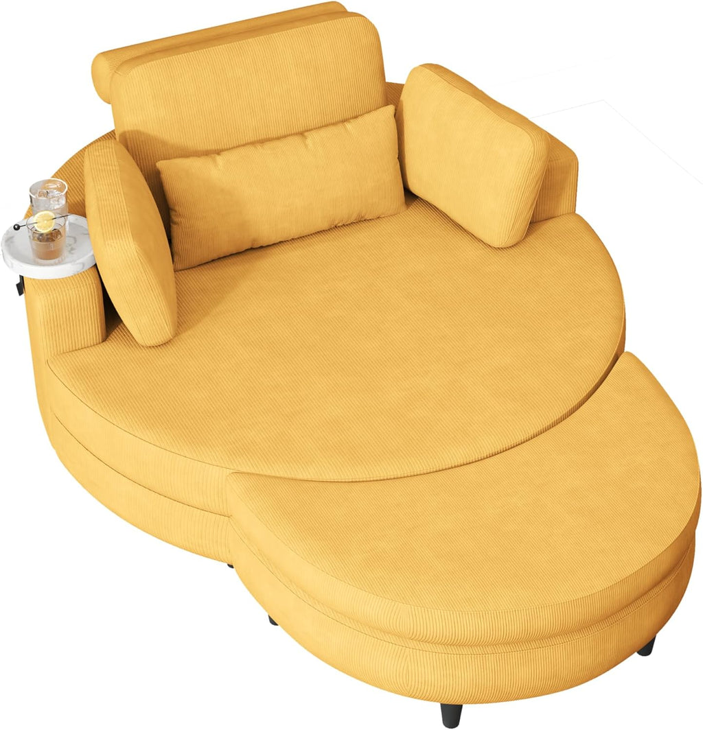 Oversized Corduroy Barrel Armchair with Adjustable Headrest, 4 Pillows, Storage Ottoman & Removable Tray G419
