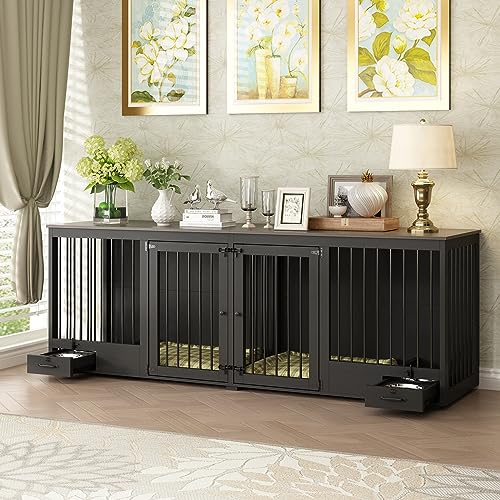 Black Heavy Duty Wooden Dog Crate with Dog Bowl Drawers & Divider O46596