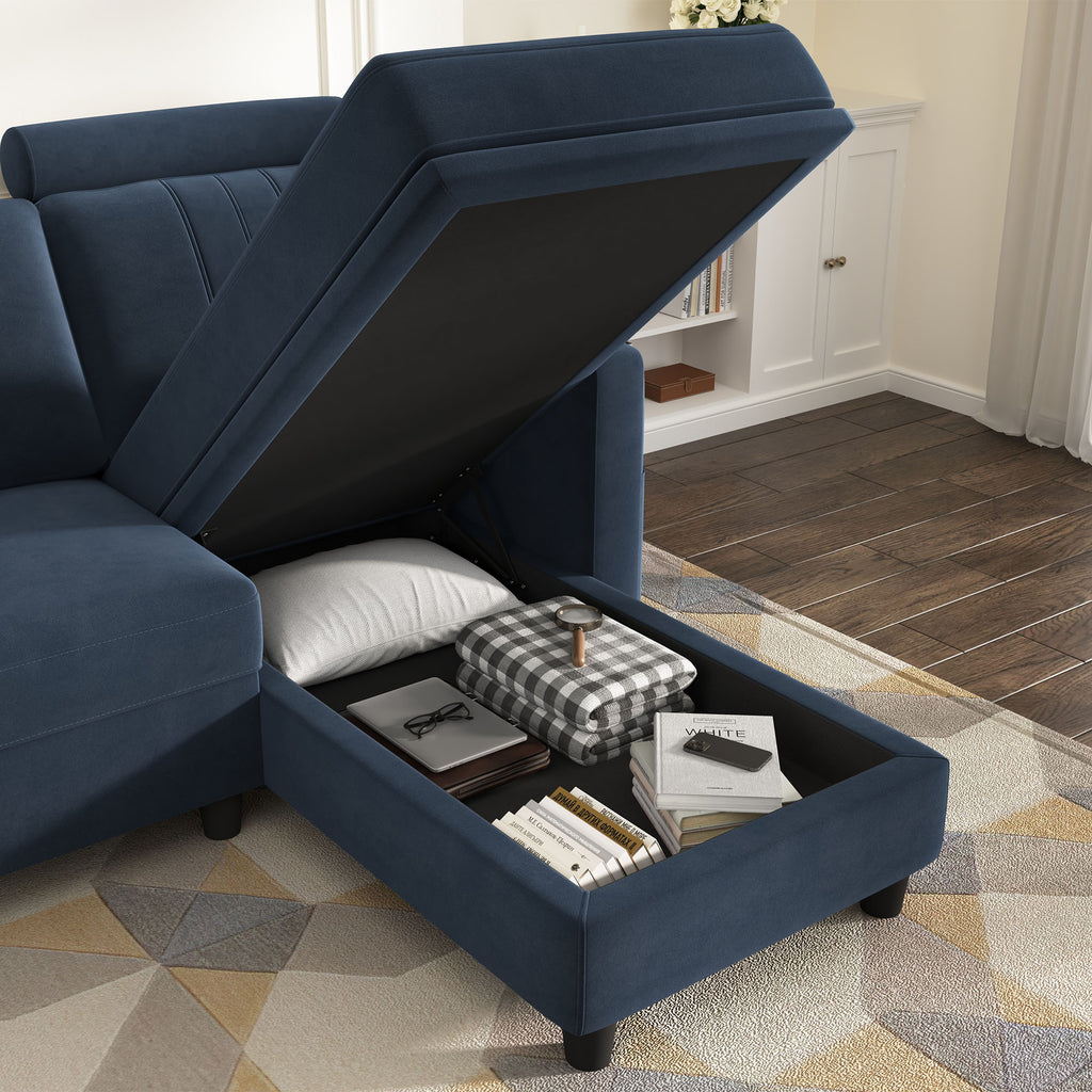Dark Navy Blue Velvet L-Shaped Sectional Sofa with Storage Chaise S2256