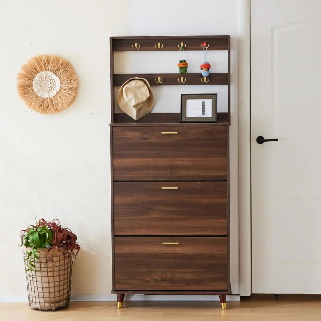 Brown Wardrobe Armoire Closet with 12 Hooks & 3 Shoe Cabinets U97455