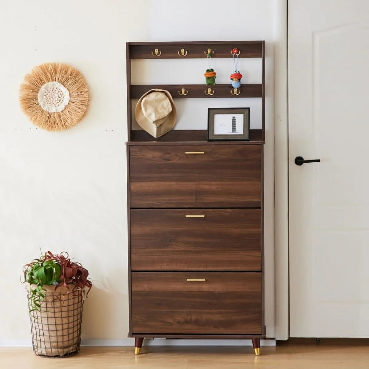 Brown Wardrobe Armoire Closet with 12 Hooks & 3 Shoe Cabinets U97455
