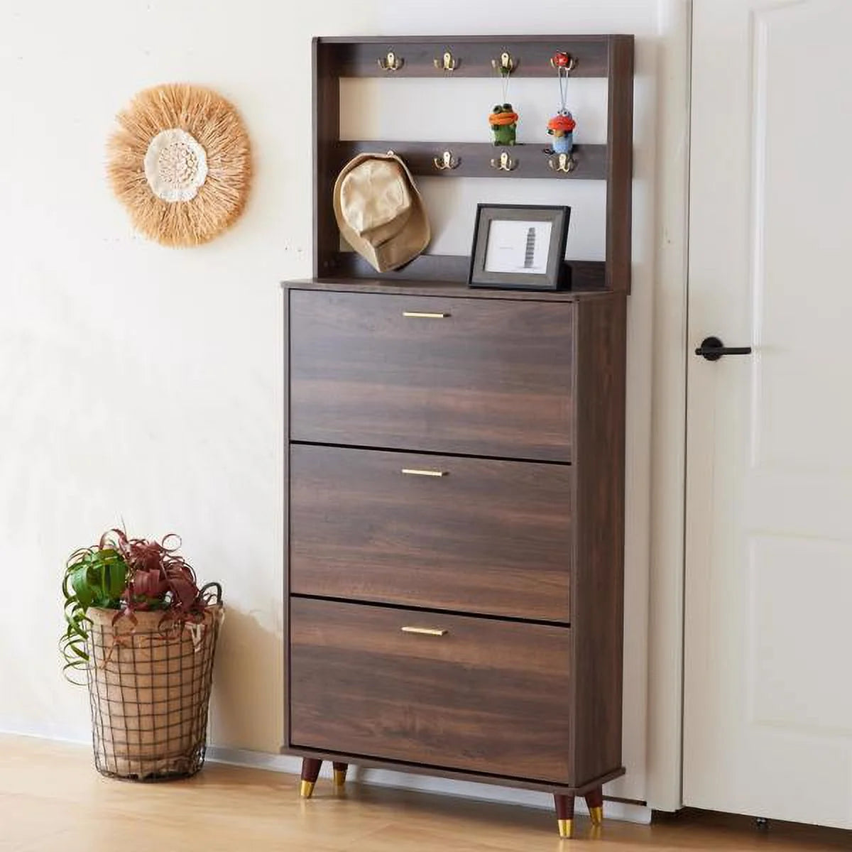 Brown Wardrobe Armoire Closet with 12 Hooks & 3 Shoe Cabinets U97455