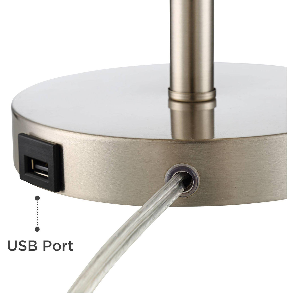 Modern Accent Table Lamp with USB and AC Power Outlet Brushed Steel Off White Cylinder Shade Q1263