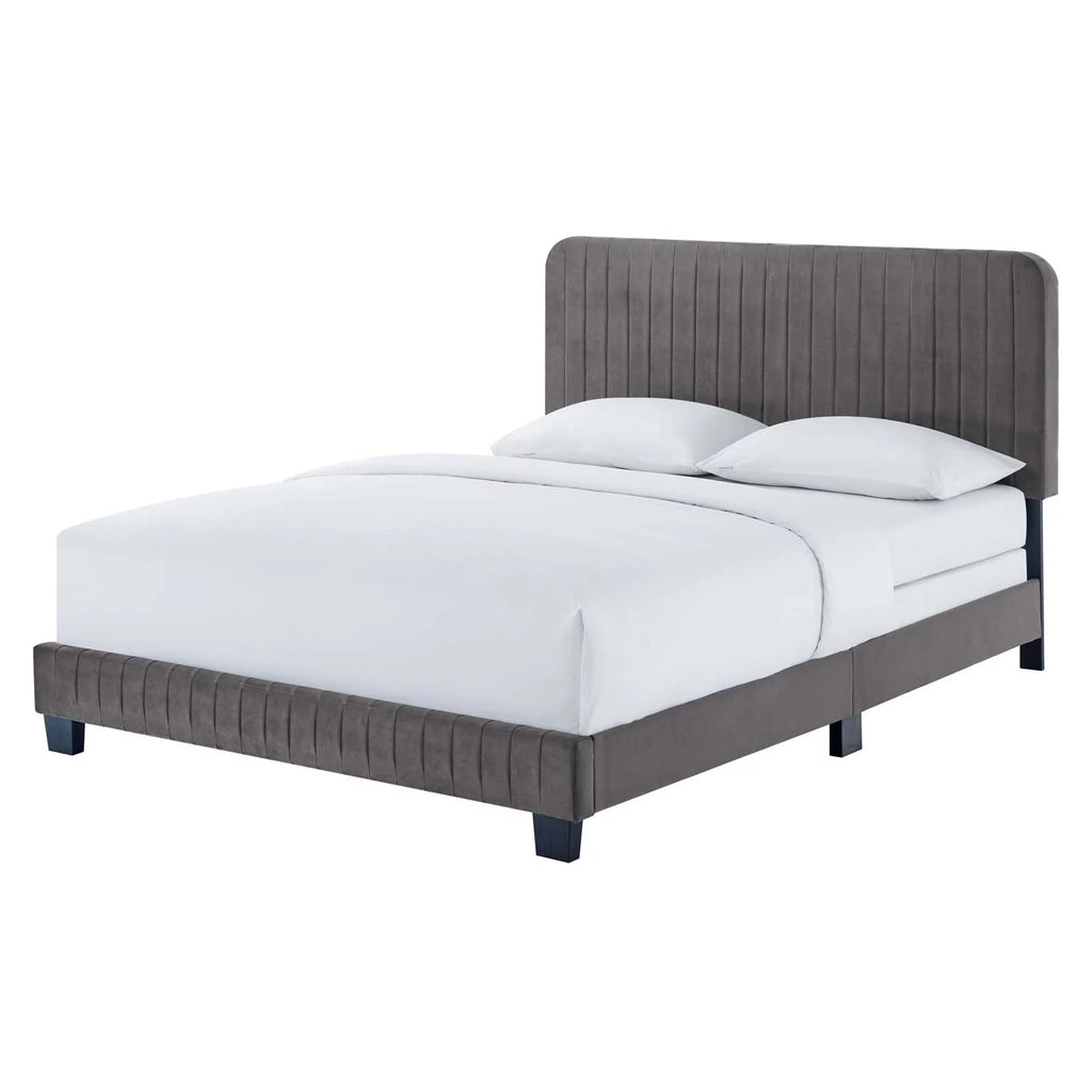 King Size Grey Velvet Tufted Platform Bed Frame E9079