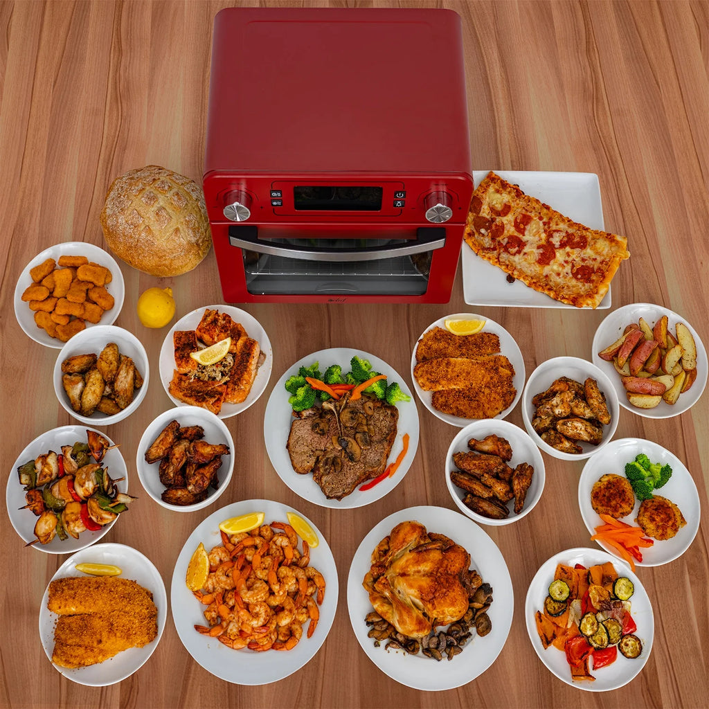 Red Stainless Steel Countertop Toaster Oven with Air Fryer and Rotisserie Assembly I588090