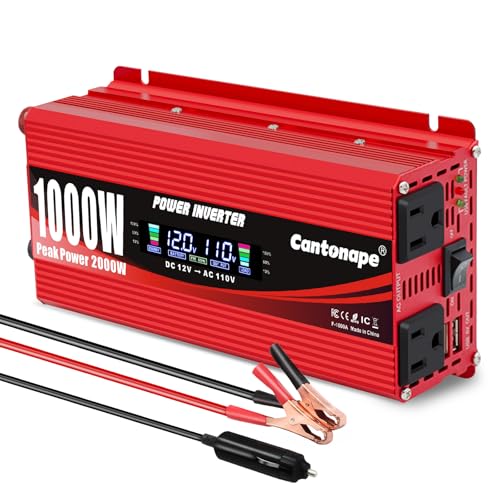 1000 Watt Car Power Inverter 12V to 110V/120V AC with LCD Display Dual AC Outlets Dual USB Black P6813