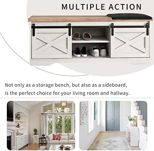 42” Rustic Solid Wood Shoe Bench with Linen Cushion D978844
