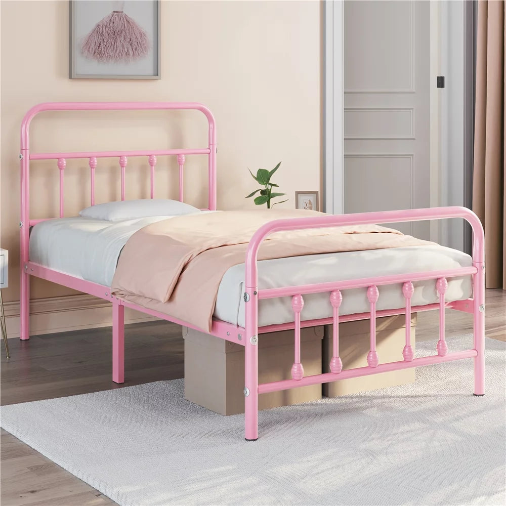 Queen Metal Bed Frame with Spindle Headboard & Footboard, White A7072