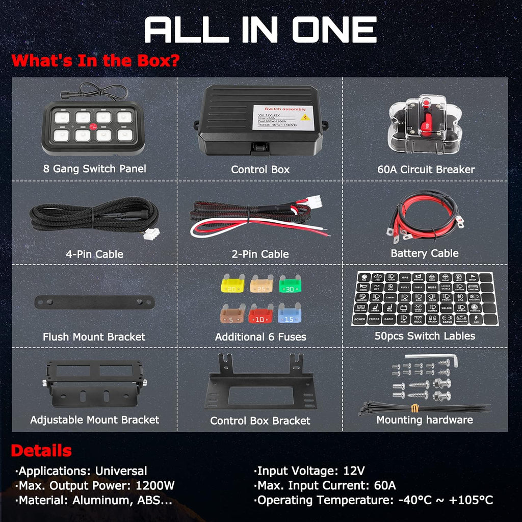 8 Gang LED Switch Panel with Label Stickers S2238