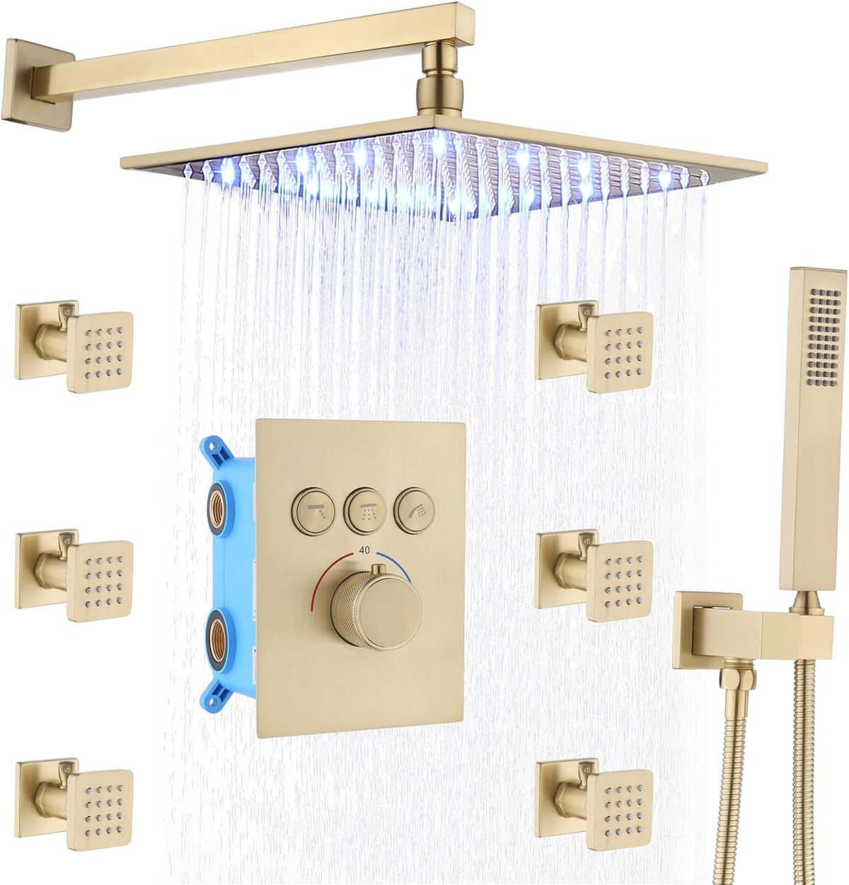 Brushed Gold 16 Inch Ceiling Mount Rain Shower System with Body Jets E9045