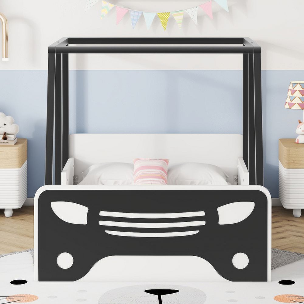 Twin Size Solid Wood Car Bed Frame with Wheels and Door A342481