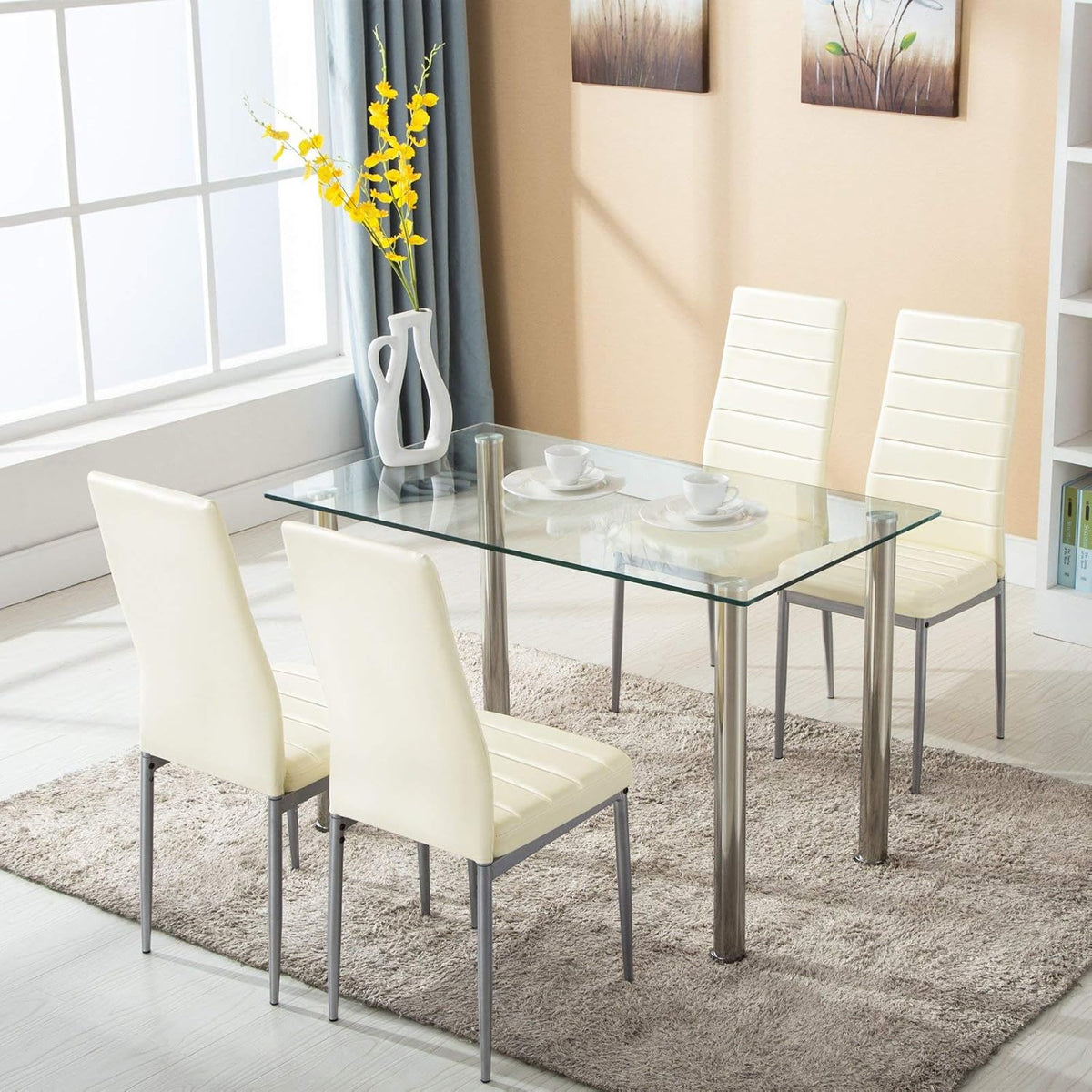 5 Piece Dining Table Set with 4 PU Leather Chairs (Beige) I6276