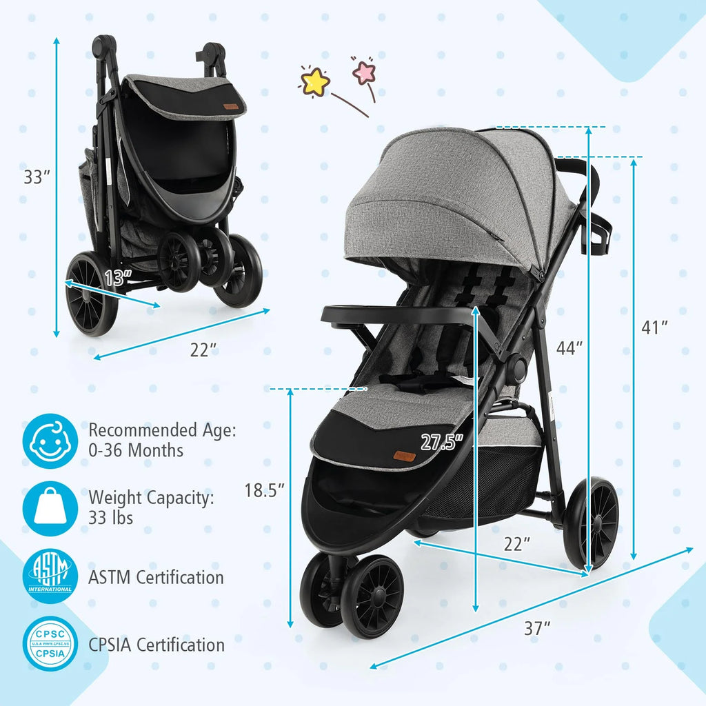 Baby Jogging Stroller Travel System with Adjustable Canopy Grey E622
