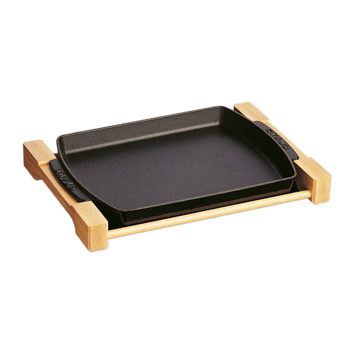 Matte Black Cast Iron Rectangular Serving Dish with Wood Base L318