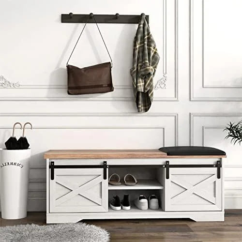 42” Rustic Solid Wood Shoe Bench with Linen Cushion D978844