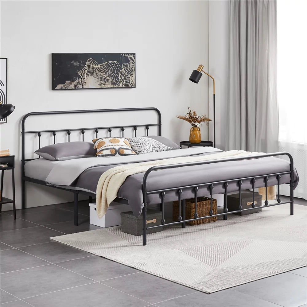 Queen Metal Bed Frame with Spindle Headboard & Footboard, White A7072