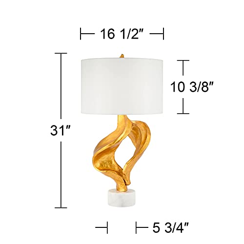 31" Tall Gold Leaf White Fabric Drum Shade Table Lamp Z856