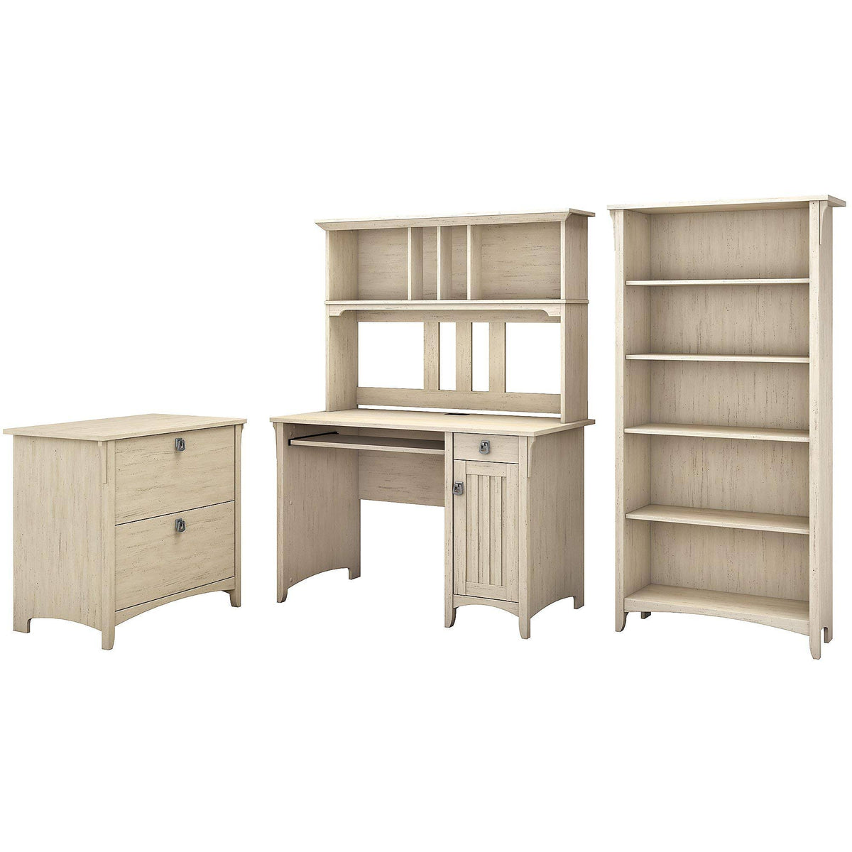 Antique White Desk with Hutch Lateral File Cabinet and 5 Shelf Bookcase Y478745