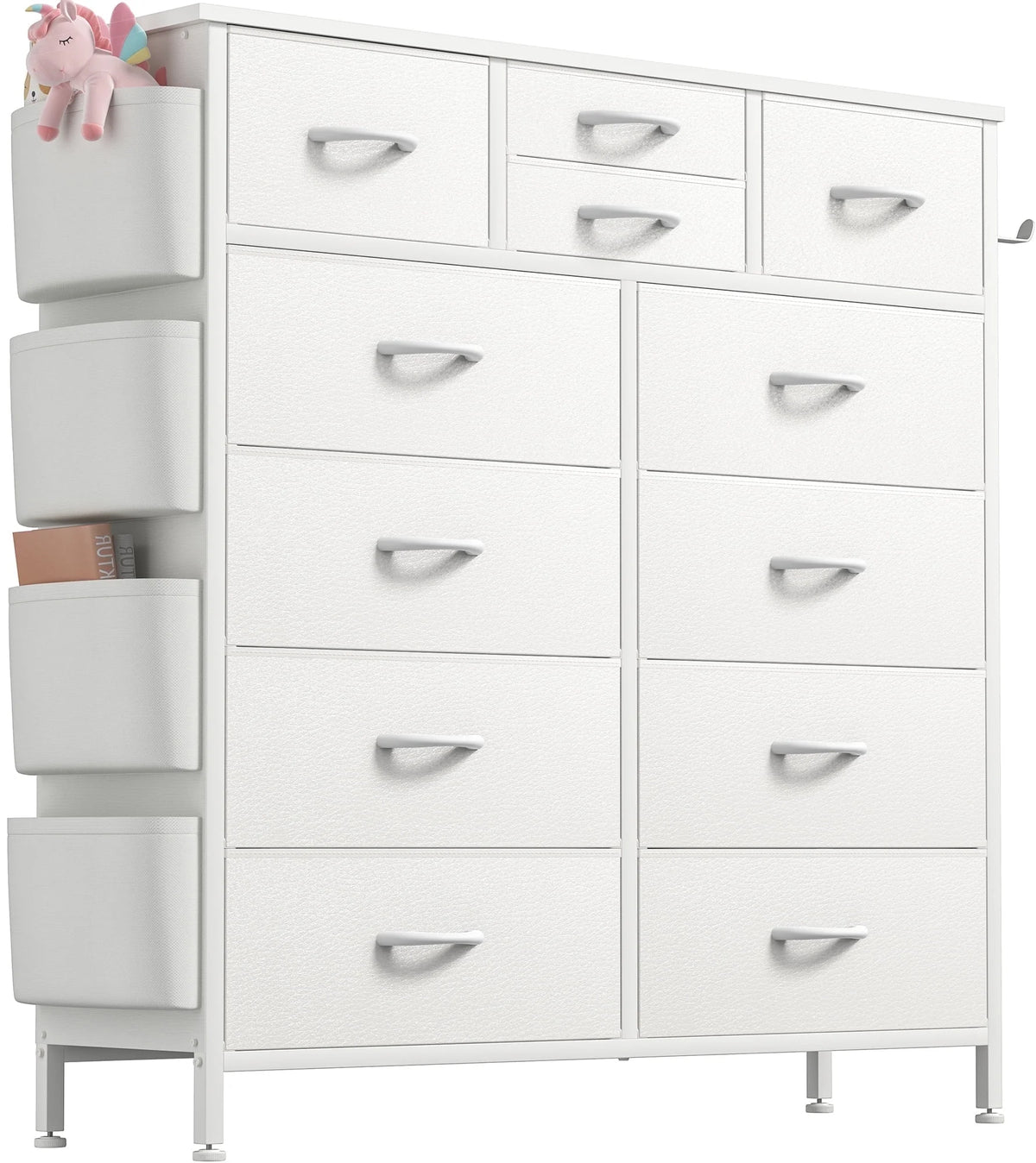 White 12 Drawer Dresser with Side Pockets and Hooks V714