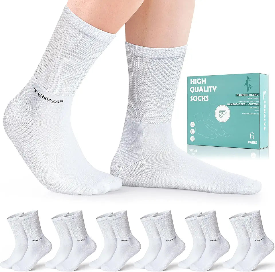 Bamboo Crew Seamless Diabetic Socks with Cushioned Sole Non-Binding Top 6 Pairs Y800