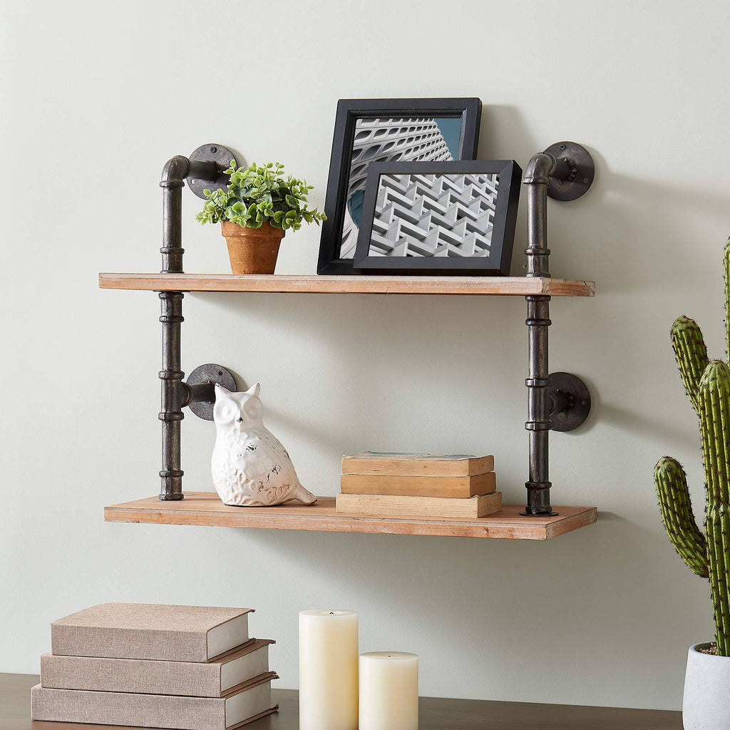 Industrial Pipe Wall Shelf, Brown, Wood, 24 x 9.5 x 20 in L1873